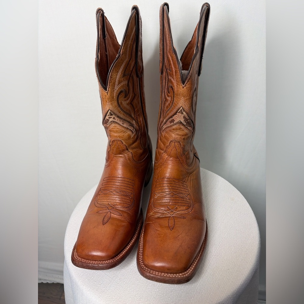 Texas Country Men’s US 7 MX 26 Brown Leather Western Boots Square Toe(B81)✨
